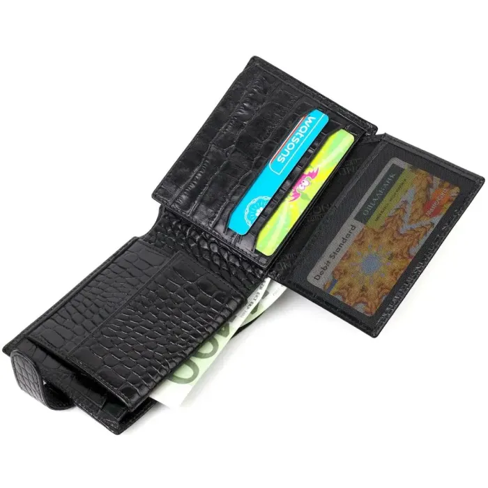 Місткий невеликий гаманець для чоловіків з натуральної шкіри з тисненням під крокодила BOND 21997 Чорний