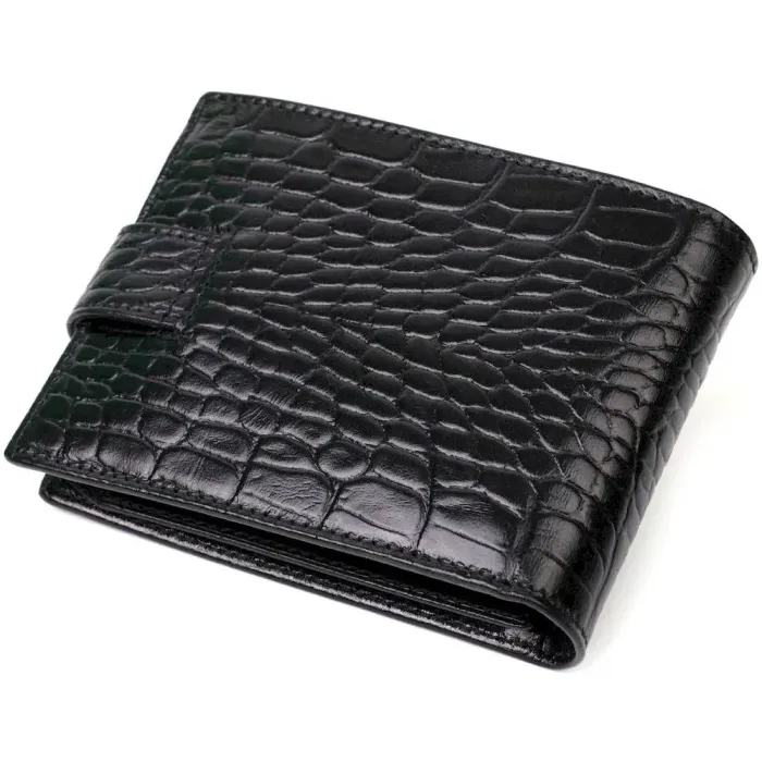 Місткий невеликий гаманець для чоловіків з натуральної шкіри з тисненням під крокодила BOND 21997 Чорний