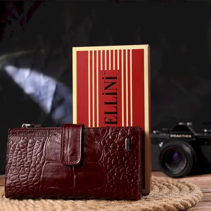 Місткий вертикальний гаманець з натуральної шкіри з тисненням під крокодила CANPELLINI 21644 Бордовий