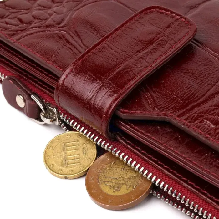 Місткий вертикальний гаманець з натуральної шкіри з тисненням під крокодила CANPELLINI 21644 Бордовий
