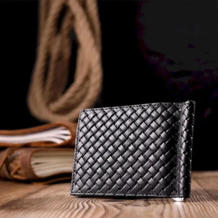 Чудовий чоловічий затискач із плетеної шкіри KARYA 21054 Чорний