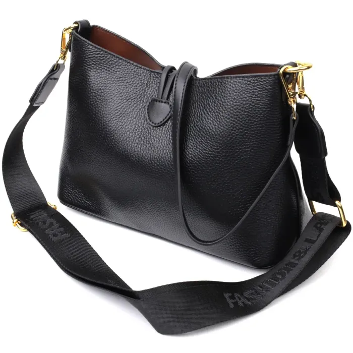 Жіноча сумка з оригінальною застібкою ґудзиком з натуральної шкіри Vintage 22319 Чорна