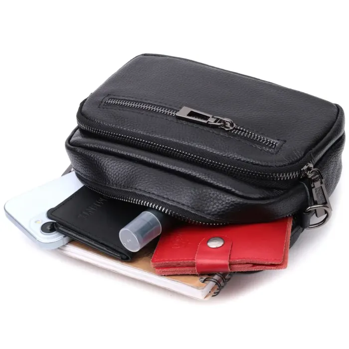 Женская сумка в классическом цвете с накладным карманом из натуральной кожи Vintage 22640 Черная