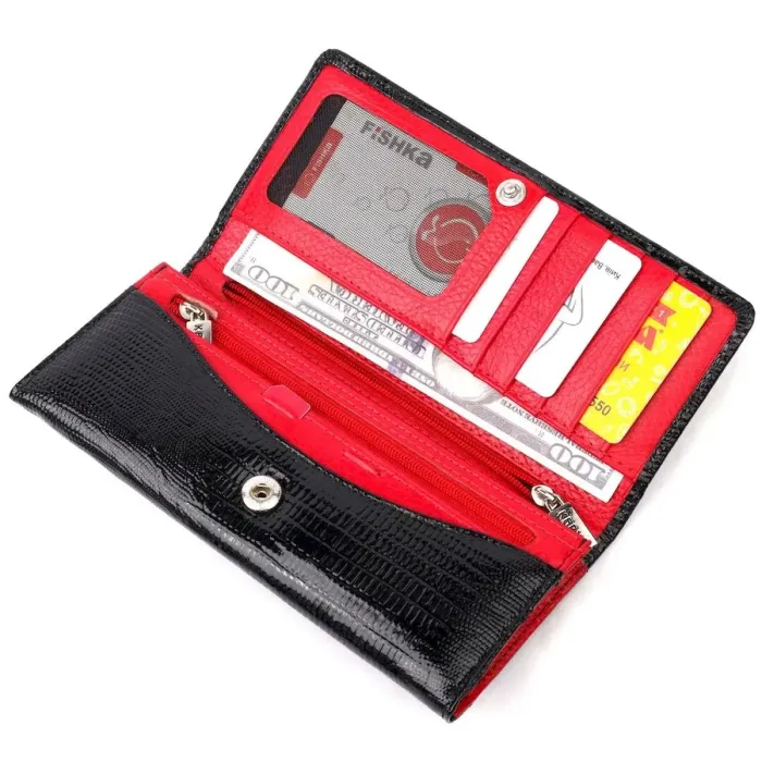 Жіночий гаманець з клапаном з натуральної лакованої фактурної шкіри KARYA 21143 Чорний