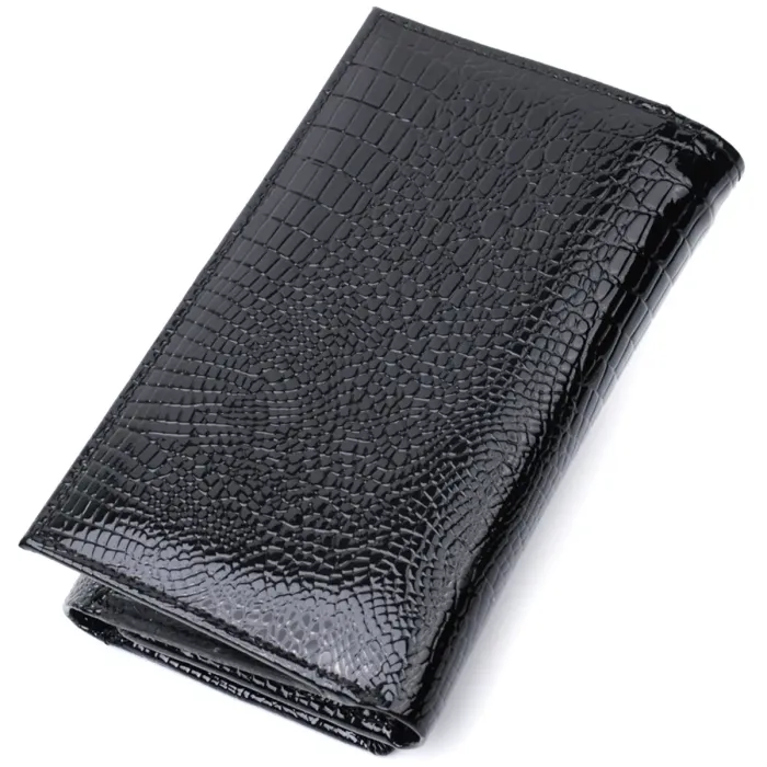 Жіночий гаманець у три складання з лакованої фактурної натуральної шкіри ST Leather 22707 Чорний
