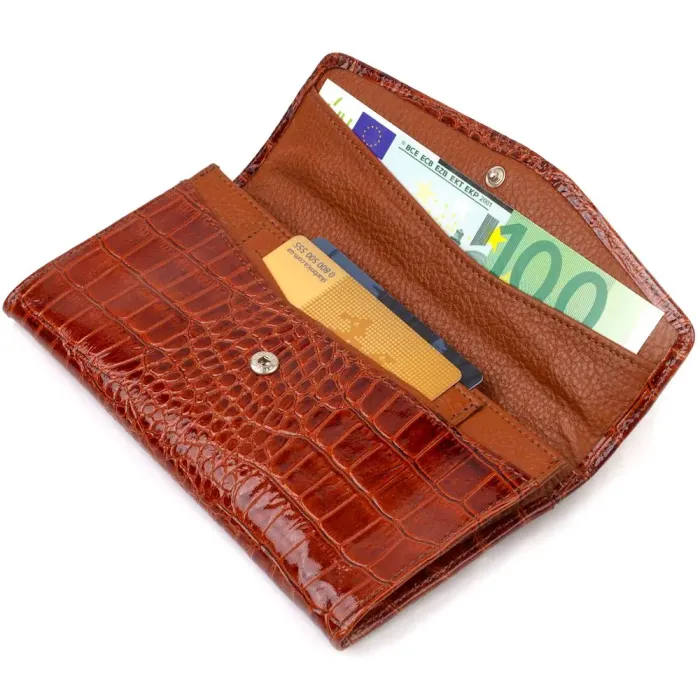 Женское портмоне из лакированной натуральной кожи с тиснением под крокодила CANPELLINI 21704 Коричневое