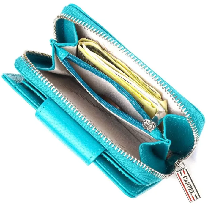 Жіноче вертикальне портмоне з монетницею на блискавці з натуральної шкіри CANPELLINI 21599 Бірюзове
