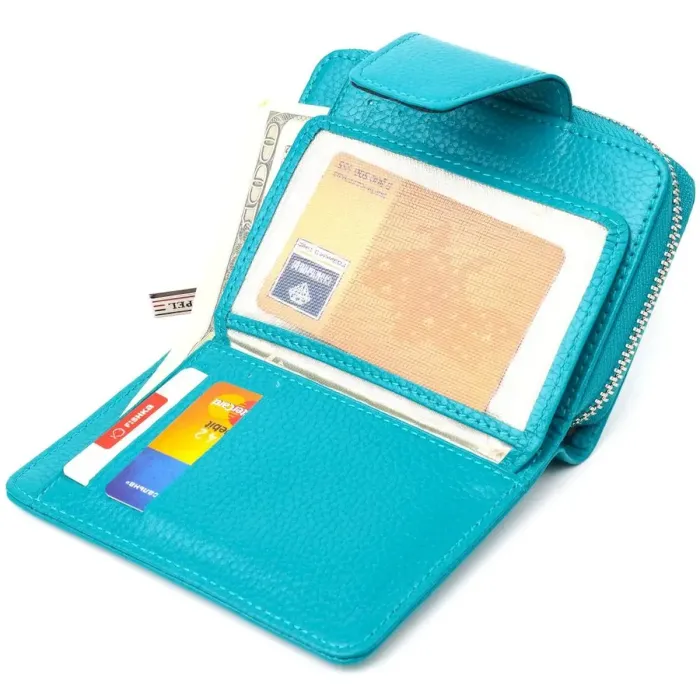 Жіноче вертикальне портмоне з монетницею на блискавці з натуральної шкіри CANPELLINI 21599 Бірюзове